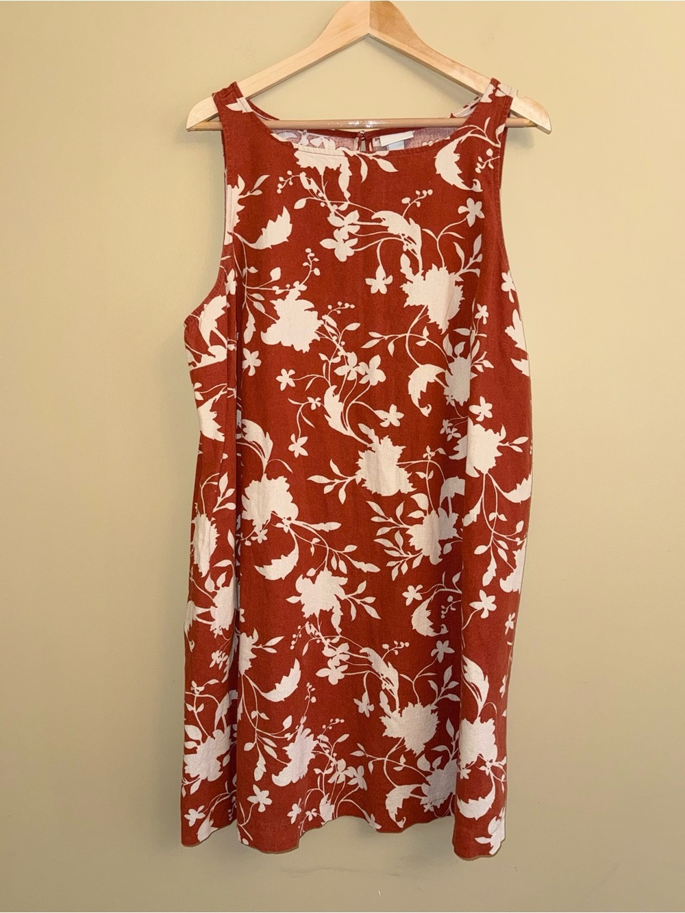 AVA & Viv Boho Floral Linen Midi Shift Dress Sz 1X Orange Pockets Summer Resort